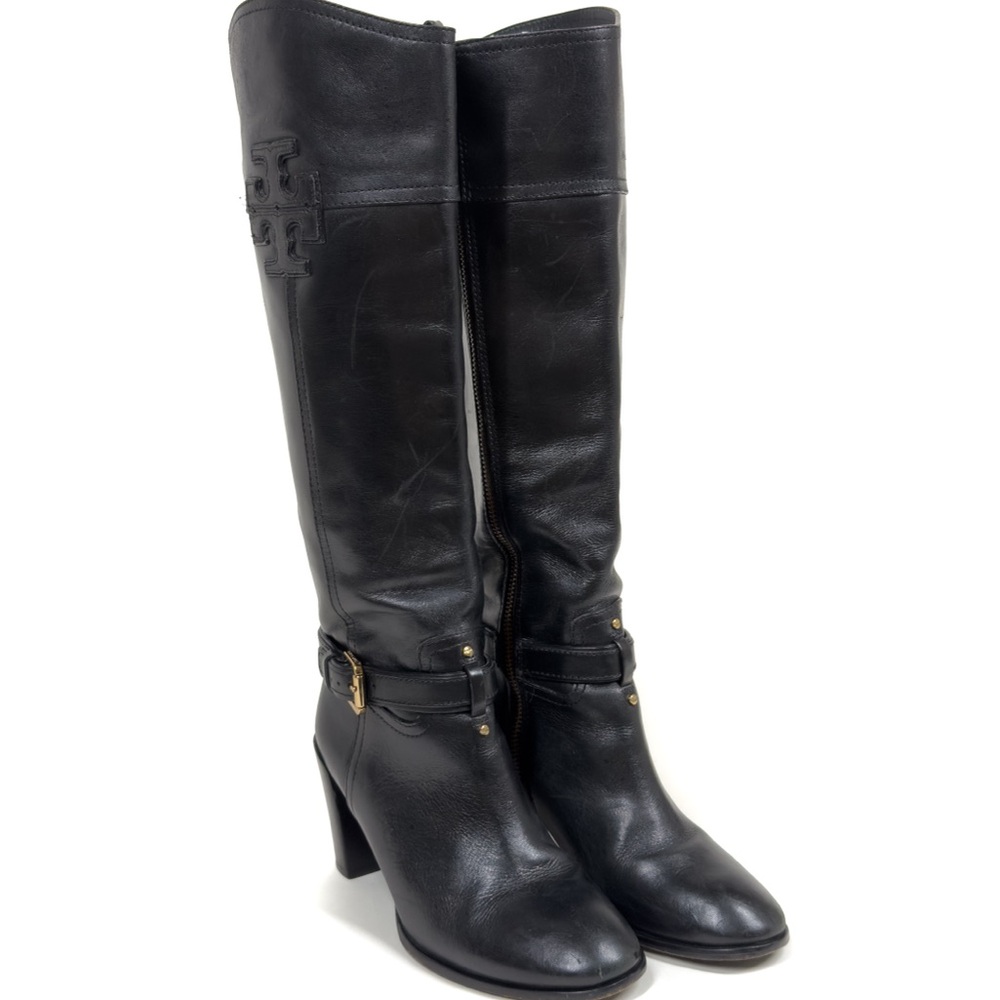 Tory Burch Blaire Simone Knee High Riding Boots Black Leather Side Zip 7.5M - Picture 3 of 13